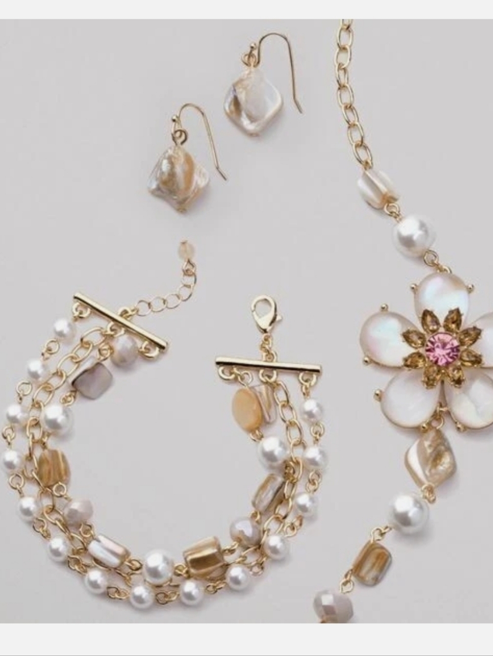 Gold Floral Pearl & Shell Drop Earrings — Cream and Pink Accent